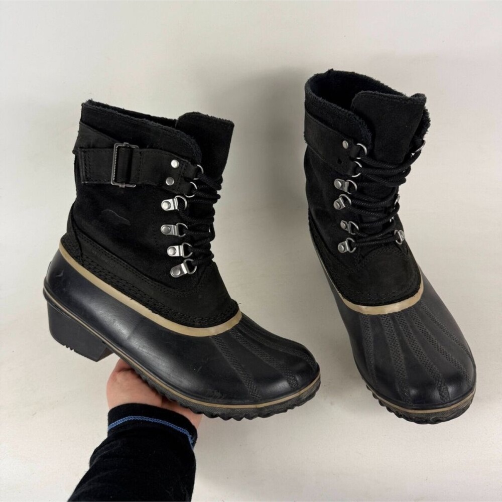 Sorel Winter Fancy Lace II Duck Boots Women's 9 Black Suede Waterproof Mid-Calf